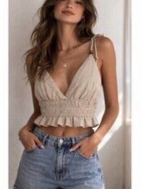 Smocked Ruffle Tie-Strap Camisole in Cream